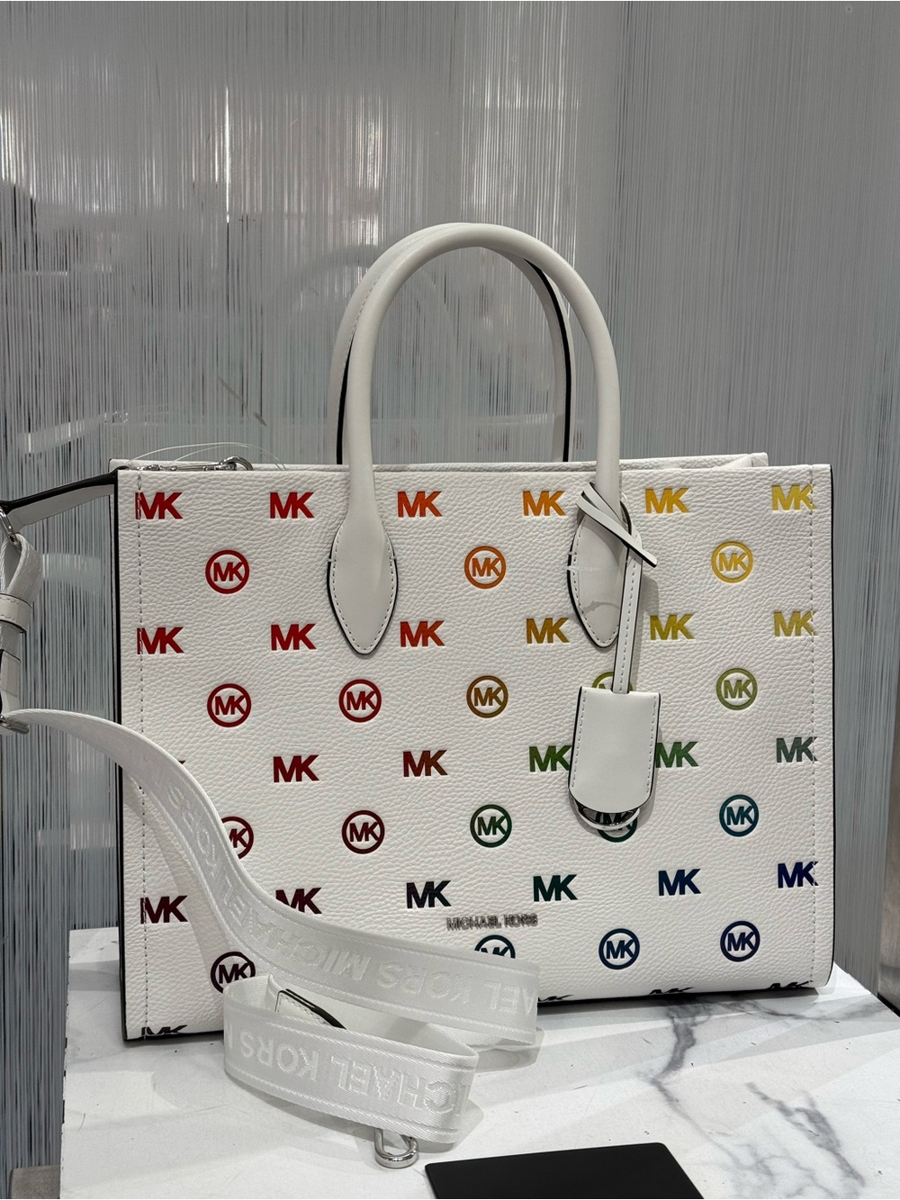 michaelkors Mirella Medium Rainbow Logo Embossed Tote Bag
